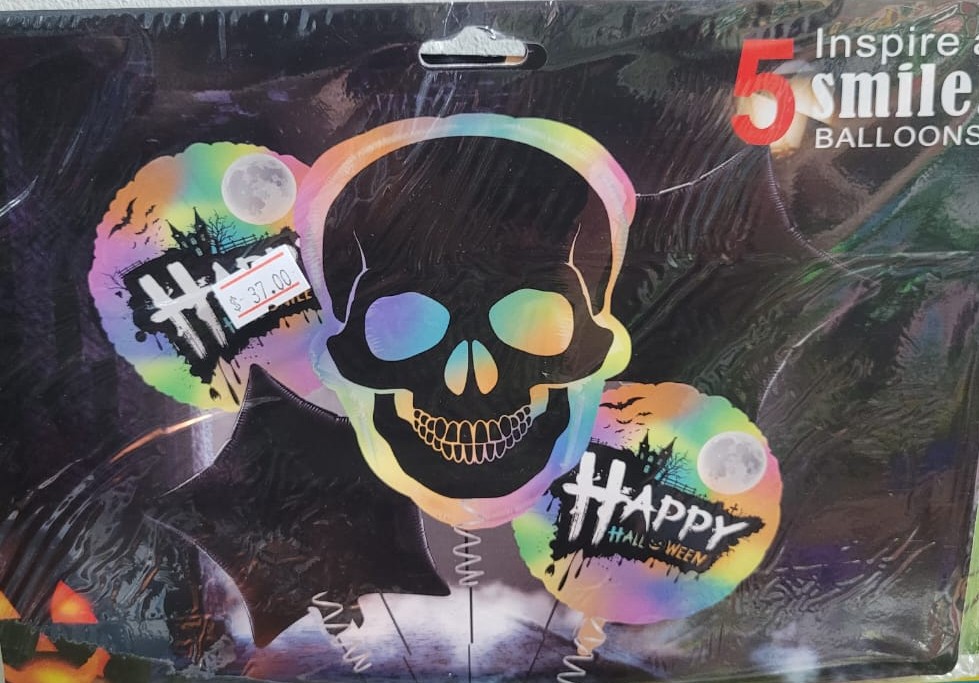Set de Globos Cráneo Holográfico y Happy Halloween